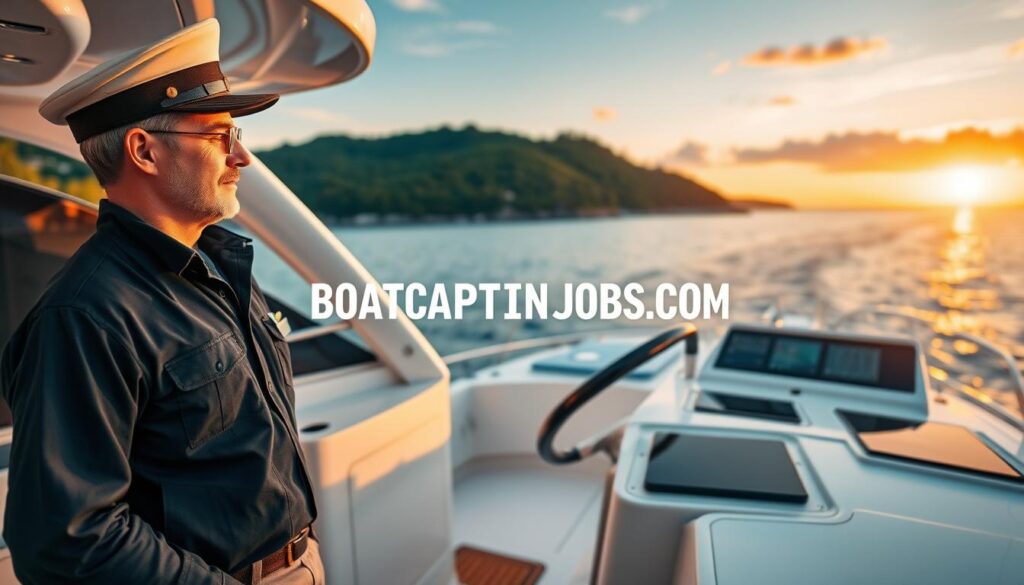 A confident boat captain, dressed in professional maritime attire, stands at the helm of a sleek, well-maintained yacht, surveying the tranquil waters of a vibrant sunset. In the foreground, the captain's focused expression reflects their responsibility and expertise. The middle ground showcases the yacht's polished deck and navigation instruments, subtly hinting at technology and skill. The background reveals an expansive coastline with lush greenery and gentle waves, creating a serene yet dynamic atmosphere. Soft golden light bathes the scene, enhancing the sense of adventure and professionalism. The image captures the essence of a rewarding boat captain job in the U.S., inspiring viewers to explore this fulfilling career. Include the brand "BOATCAPTAINJOBS.COM" artistically integrated into the scene without text overlays, ensuring an engaging visual for the article. A confident boat captain, dressed in professional maritime attire, stands at the helm of a sleek, well-maintained yacht, surveying the tranquil waters of a vibrant sunset. In the foreground, the captain's focused expression reflects their responsibility and expertise. The middle ground showcases the yacht's polished deck and navigation instruments, subtly hinting at technology and skill. The background reveals an expansive coastline with lush greenery and gentle waves, creating a serene yet dynamic atmosphere. Soft golden light bathes the scene, enhancing the sense of adventure and professionalism. The image captures the essence of a rewarding boat captain job in the U.S., inspiring viewers to explore this fulfilling career. Include the brand "BOATCAPTAINJOBS.COM" artistically integrated into the scene without text overlays, ensuring an engaging visual for the article.