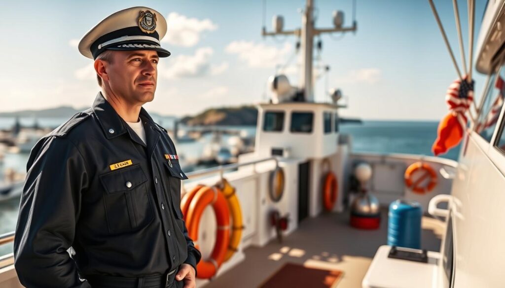 A proud captain of the U.S. Coast Guard stands on the deck of a sturdy vessel, wearing a crisp, navy blue uniform and a captain's hat, exuding confidence and professionalism. The foreground features the captain gazing into the distance, emphasizing leadership and responsibility. In the middle ground, the boat is equipped with navigational tools and safety equipment, showcasing the essential qualifications for captain jobs. In the background, a serene harbor with boats and coastlines reflects a sunny day, enhancing the sense of adventure and duty. The image is illuminated by warm, natural sunlight, creating a vibrant and inviting atmosphere, captured from a slightly elevated angle to highlight the captain's stature. This scene embodies the essence of rewarding boat captain careers. A proud captain of the U.S. Coast Guard stands on the deck of a sturdy vessel, wearing a crisp, navy blue uniform and a captain's hat, exuding confidence and professionalism. The foreground features the captain gazing into the distance, emphasizing leadership and responsibility. In the middle ground, the boat is equipped with navigational tools and safety equipment, showcasing the essential qualifications for captain jobs. In the background, a serene harbor with boats and coastlines reflects a sunny day, enhancing the sense of adventure and duty. The image is illuminated by warm, natural sunlight, creating a vibrant and inviting atmosphere, captured from a slightly elevated angle to highlight the captain's stature. This scene embodies the essence of rewarding boat captain careers.