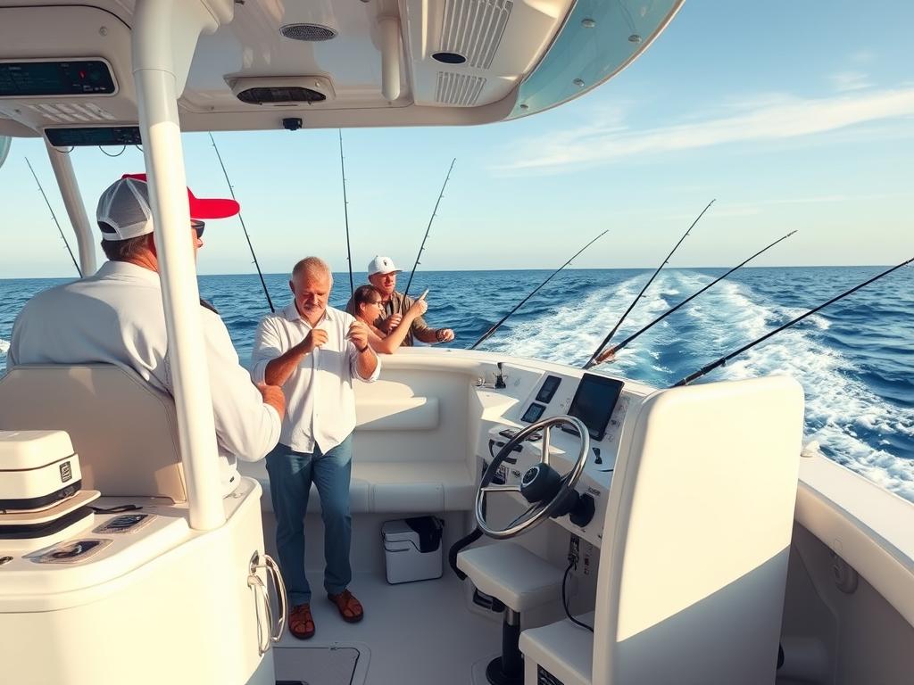 Captain operating a commercial charter fishing boat with passengers