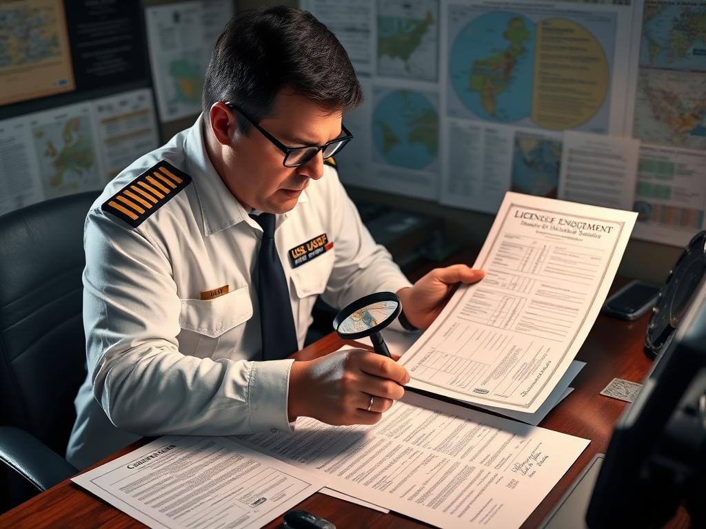 Captain reviewing different license endorsements at a desk