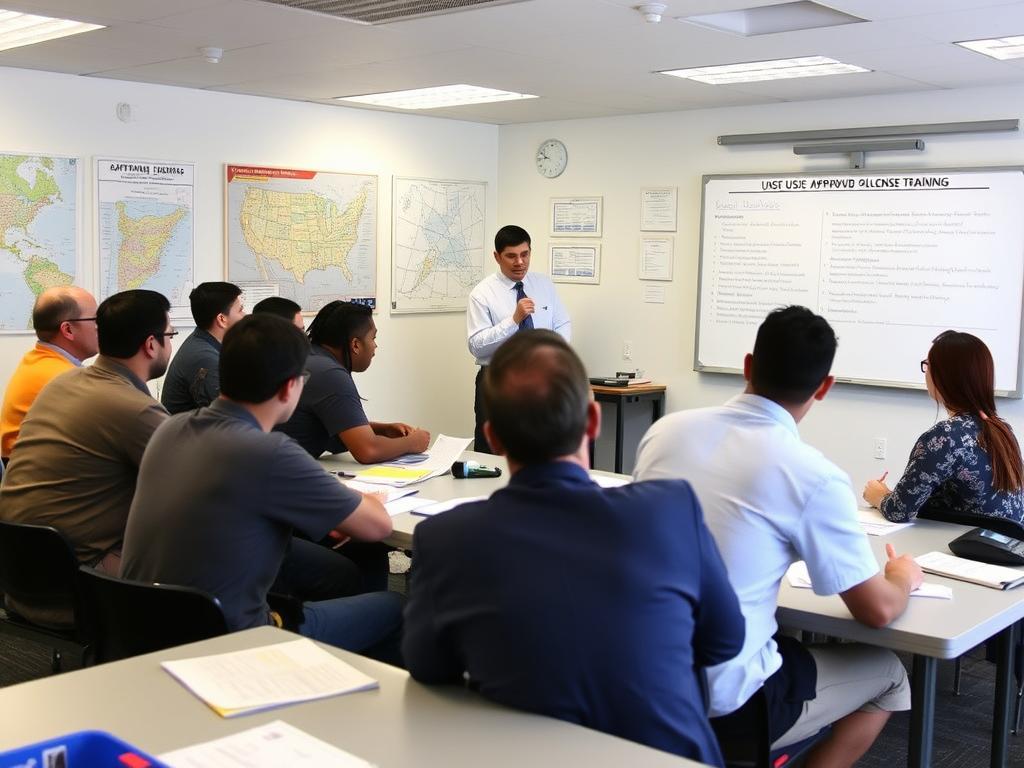 Captain's license training class with instructor and students