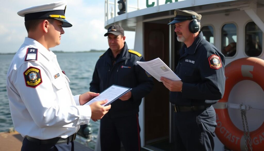 Coast Guard officer inspecting a commercial vessel and captain's credentials