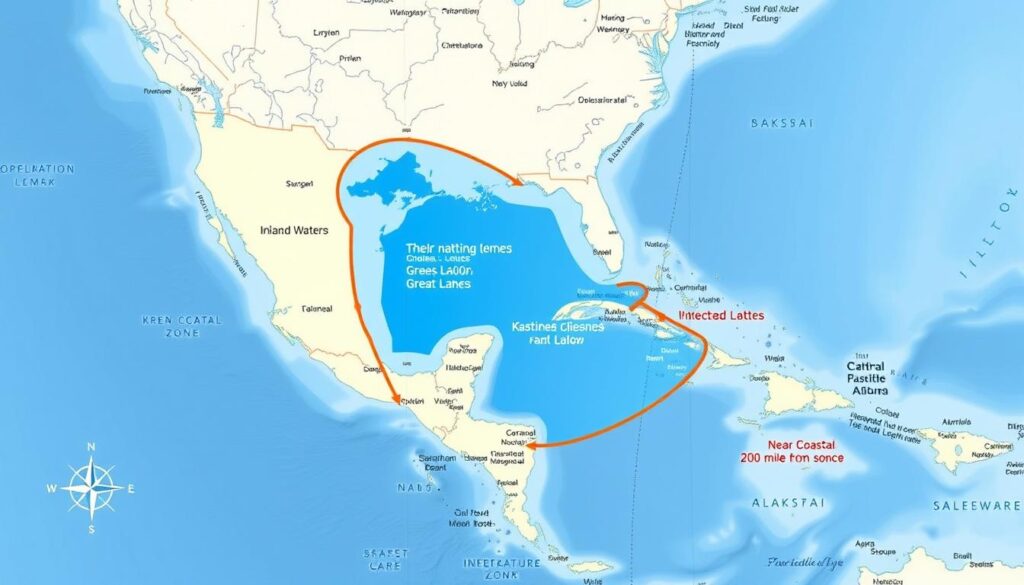 Map showing different operating boundaries for captain's licenses
