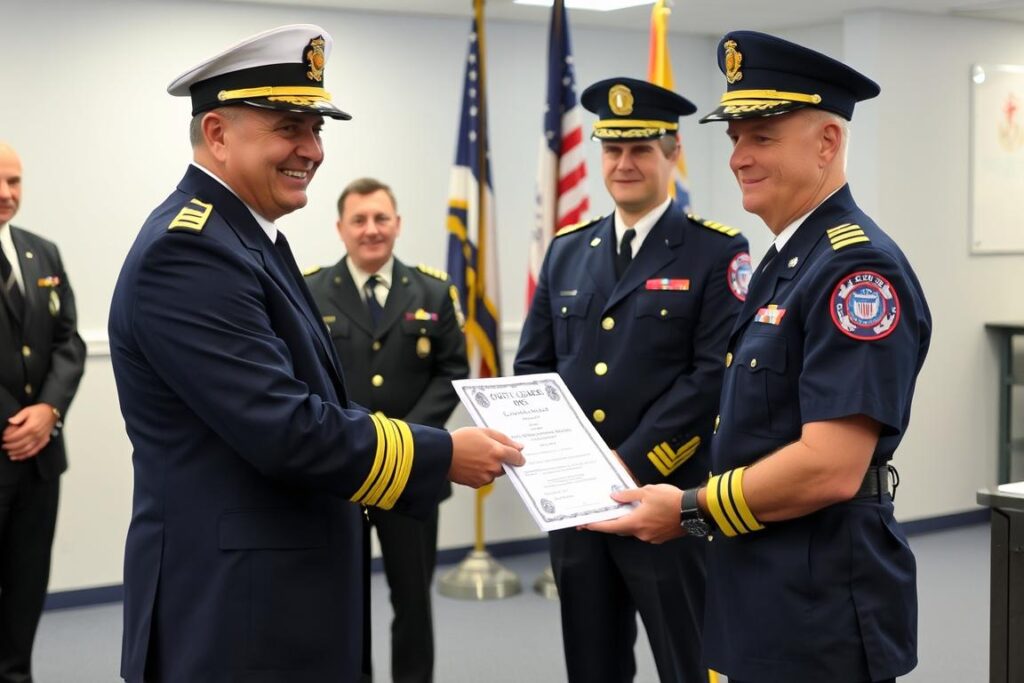 New captain receiving their license from a Coast Guard official