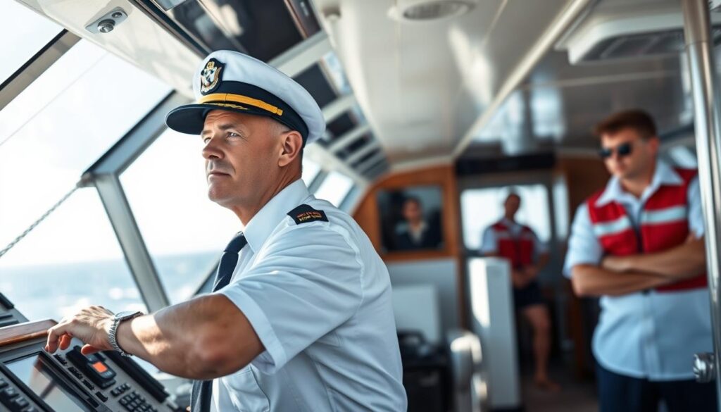 Successful captain operating vessel with crew members