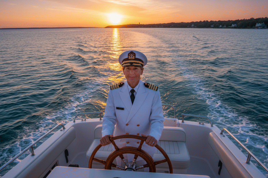 Captain navigating boat on Great Lakes Michigan waters