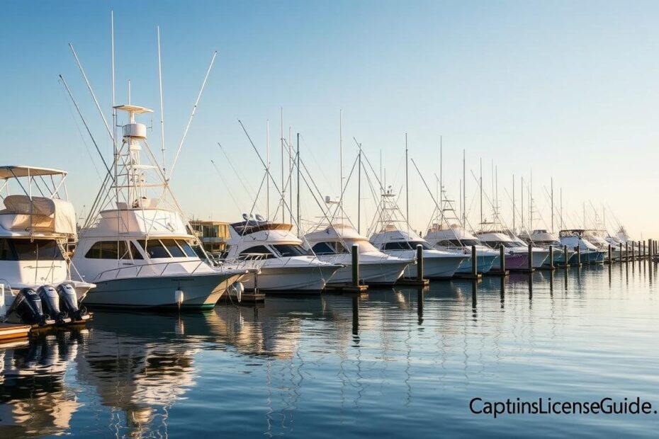 Captain's License Louisiana waterfront with charter boats docked at marina, update the watermark to CaptainsLicenseGuide.com