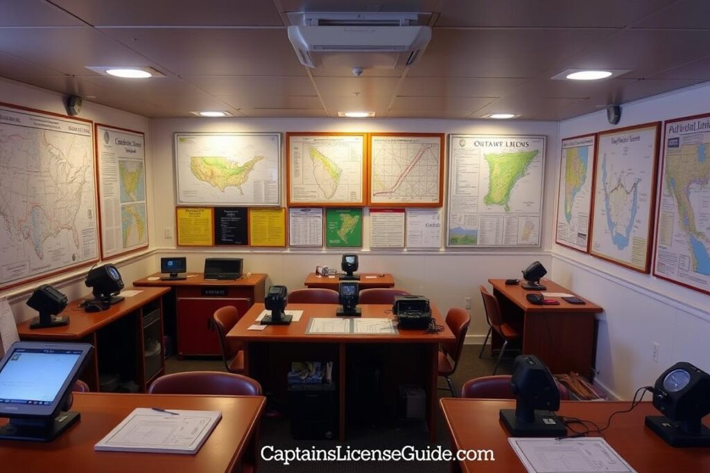 nautical training classroom with navigation charts and equipment