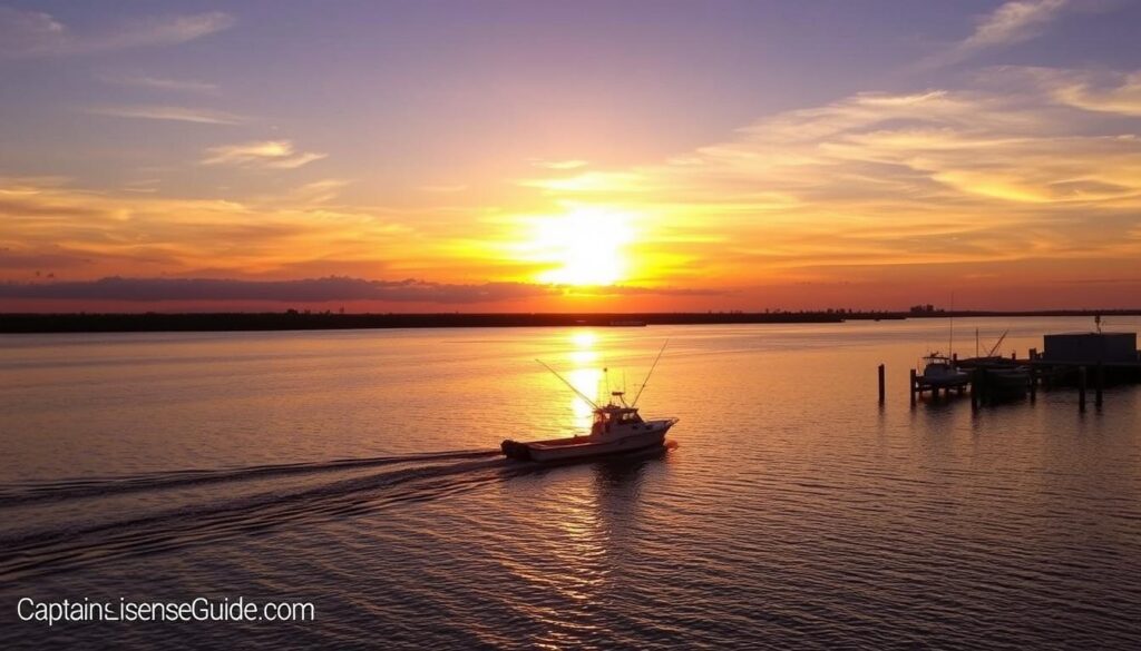 sunset over Louisiana water with boat heading to dock