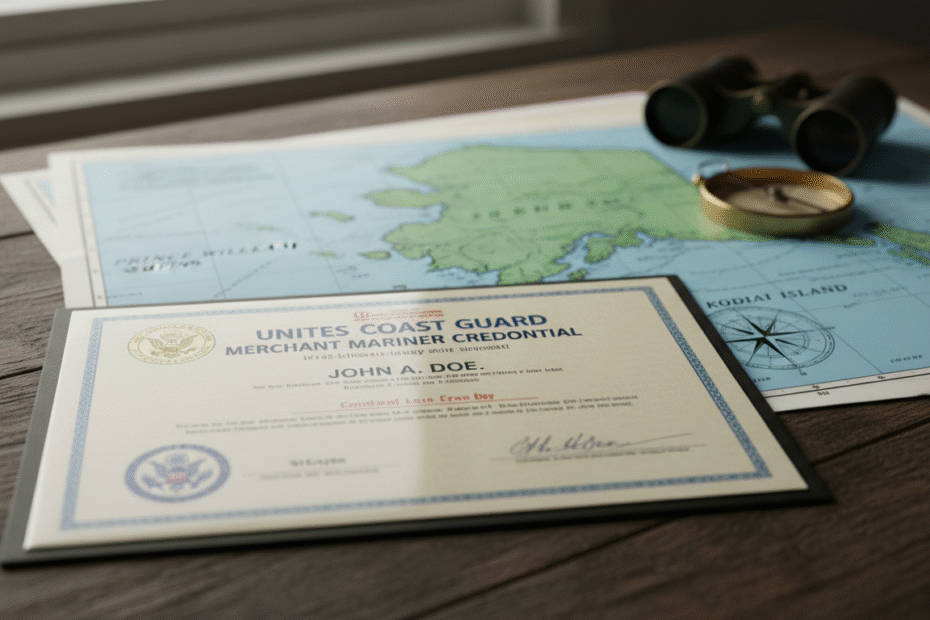 Captain's License in Alaska maritime certification document with Alaska waters background