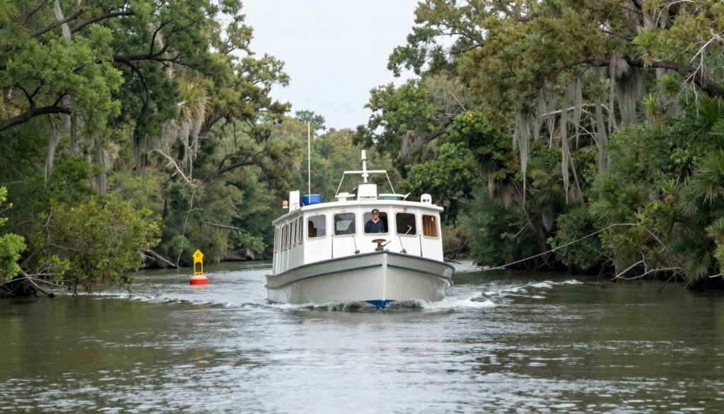 Inland waters operations in South Carolina rivers and protected bays with captain navigating narrow channels