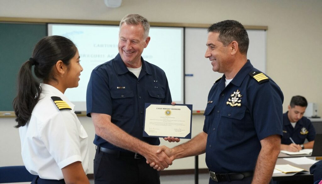 Newly licensed Maine captain receiving USCG Merchant Mariner Credential from instructor