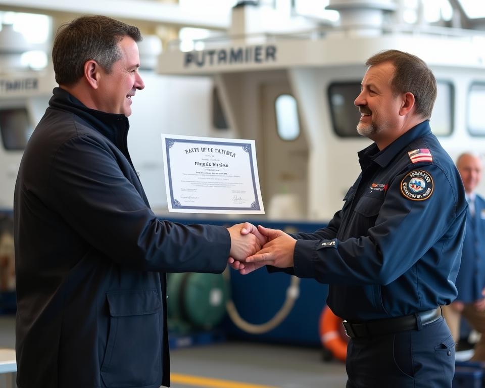 Rhode Island captain receiving USCG Merchant Mariner Credential after successful licensing Rhode Island captain receiving USCG Merchant Mariner Credential after successful licensing