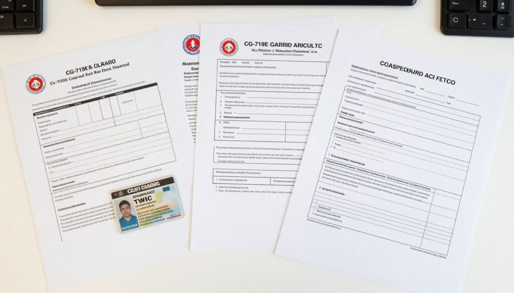 USCG captain license eligibility documentation spread with required federal forms USCG captain license eligibility documentation spread with required federal forms