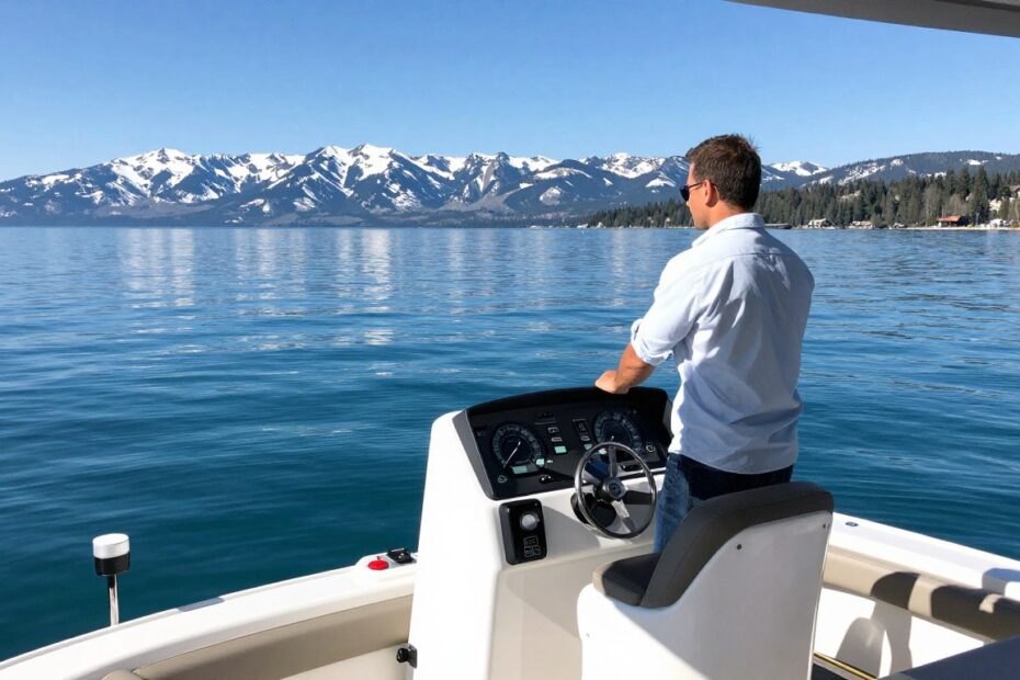 Captain operating charter vessel on Lake Tahoe with mountain backdrop
