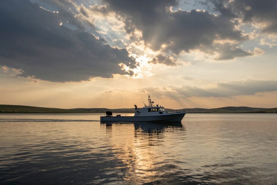 South Dakota lake with boat during sunrise showing vast water horizons