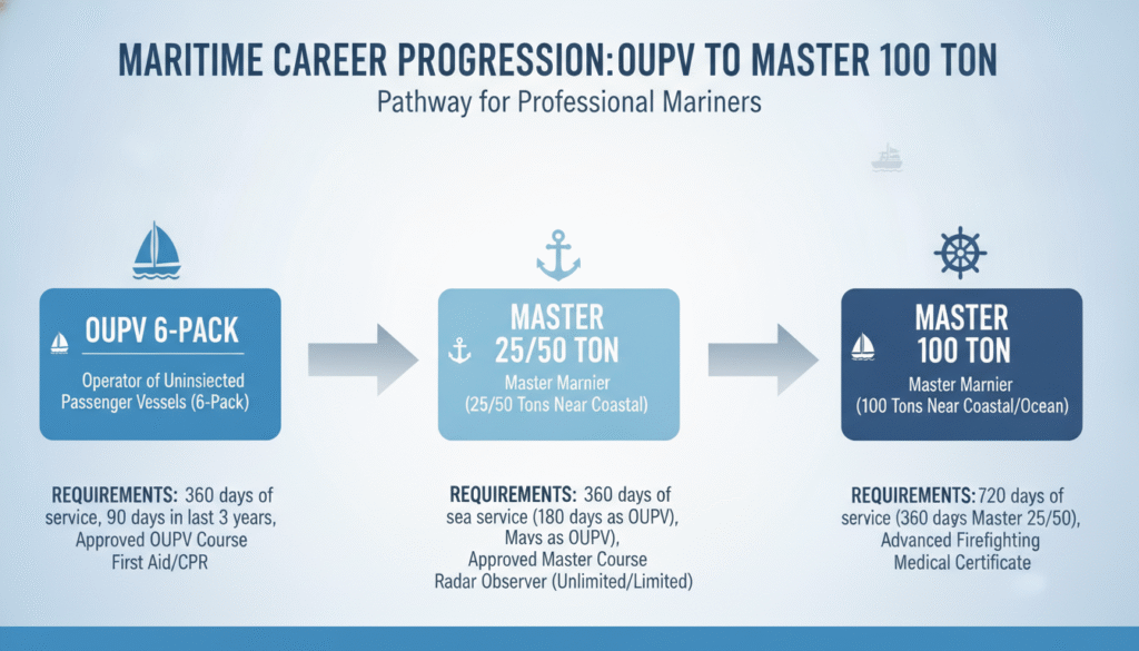 Career advancement diagram from OUPV to Master captain license