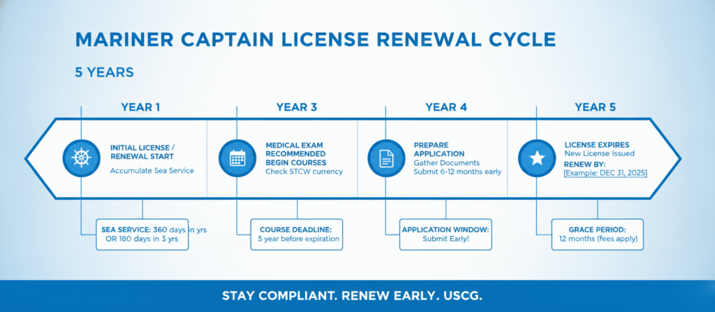 Five-year captain license renewal timeline graphic