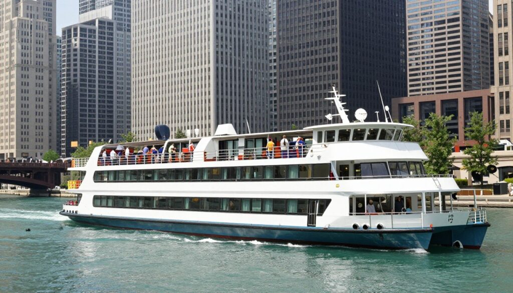 Large passenger tour vessel operating on Chicago River Illinois