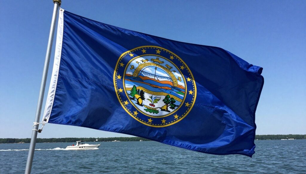 Nebraska state flag with Lake McConaughey background
