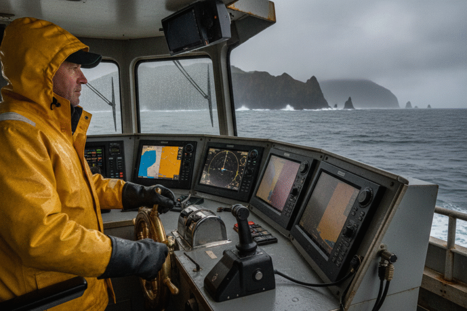 Oregon captain navigating vessel on Pacific coastal waters, show this in oregon state map as background
