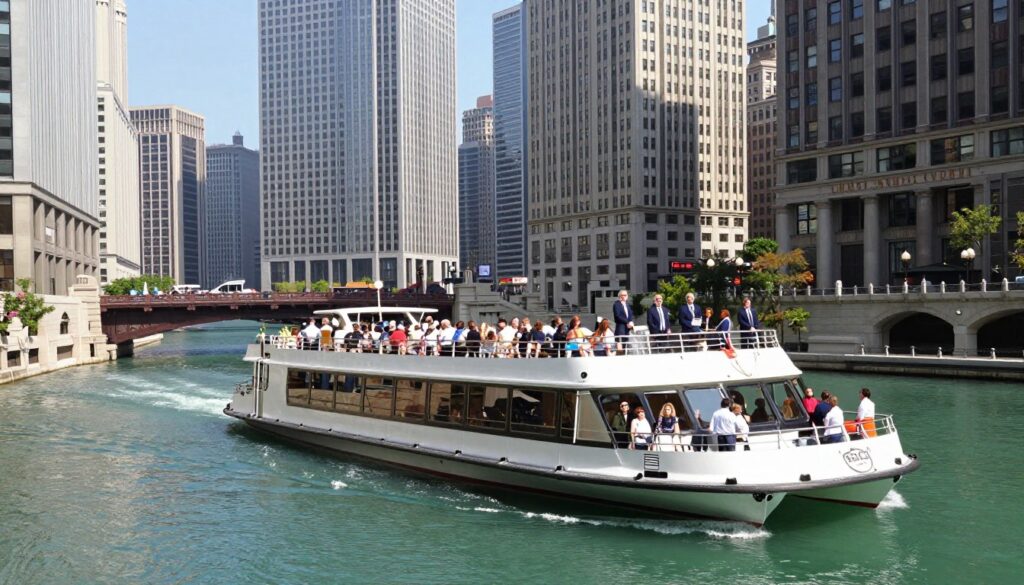 Passenger tour vessel on Chicago River downtown Illinois
