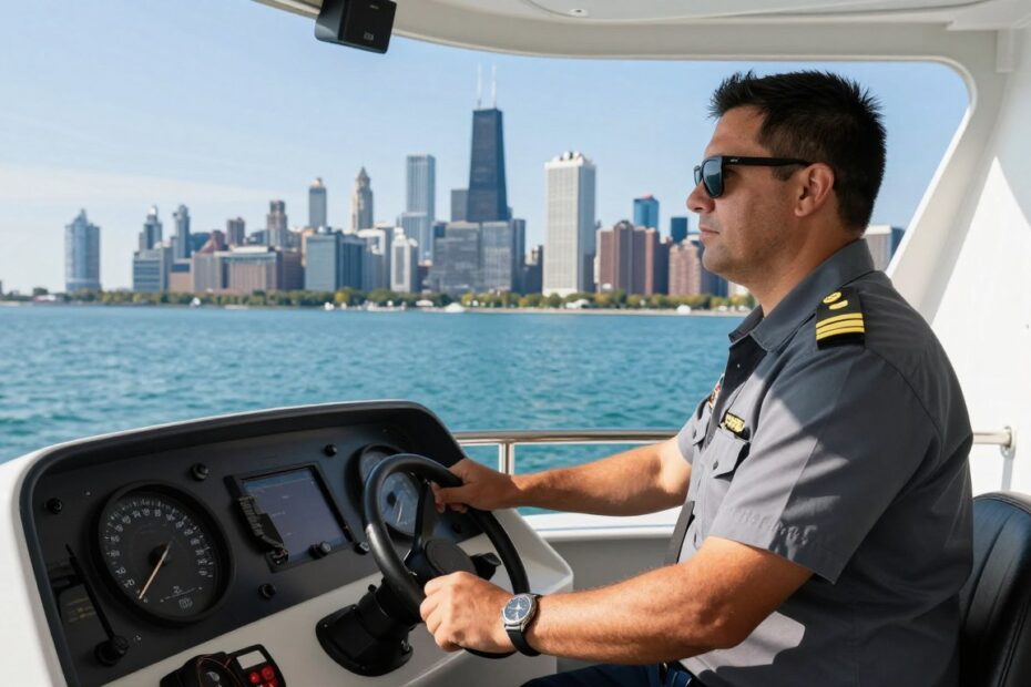 Professional captain operating commercial vessel on Lake Michigan Illinois shoreline