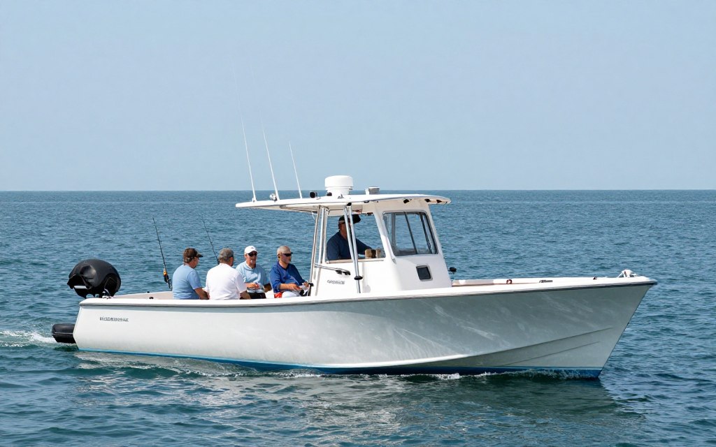 Small charter fishing boat with six passengers on Illinois Lake Michigan
